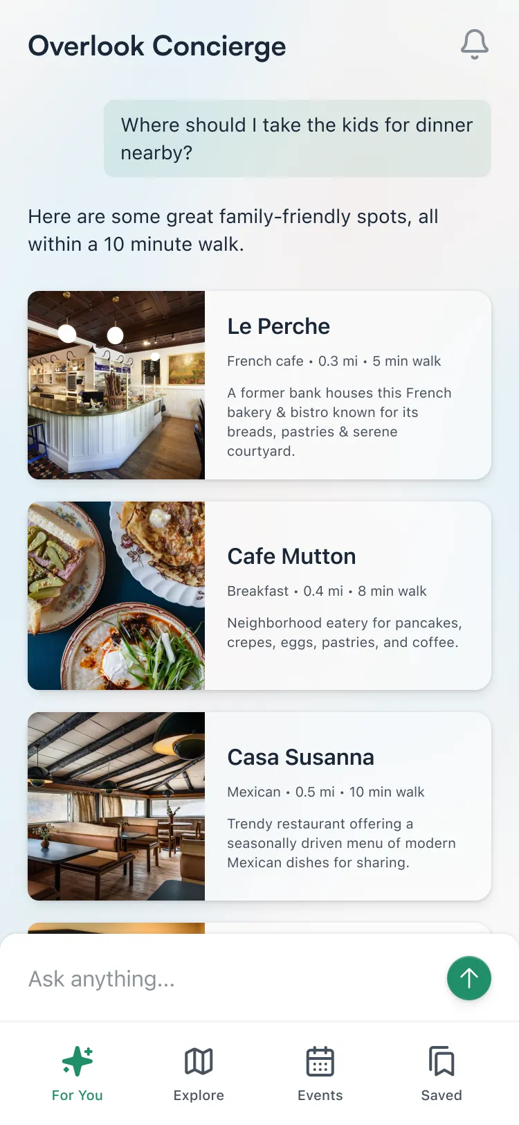 Overlook Concierge on a phone, showing personalized local recommendations