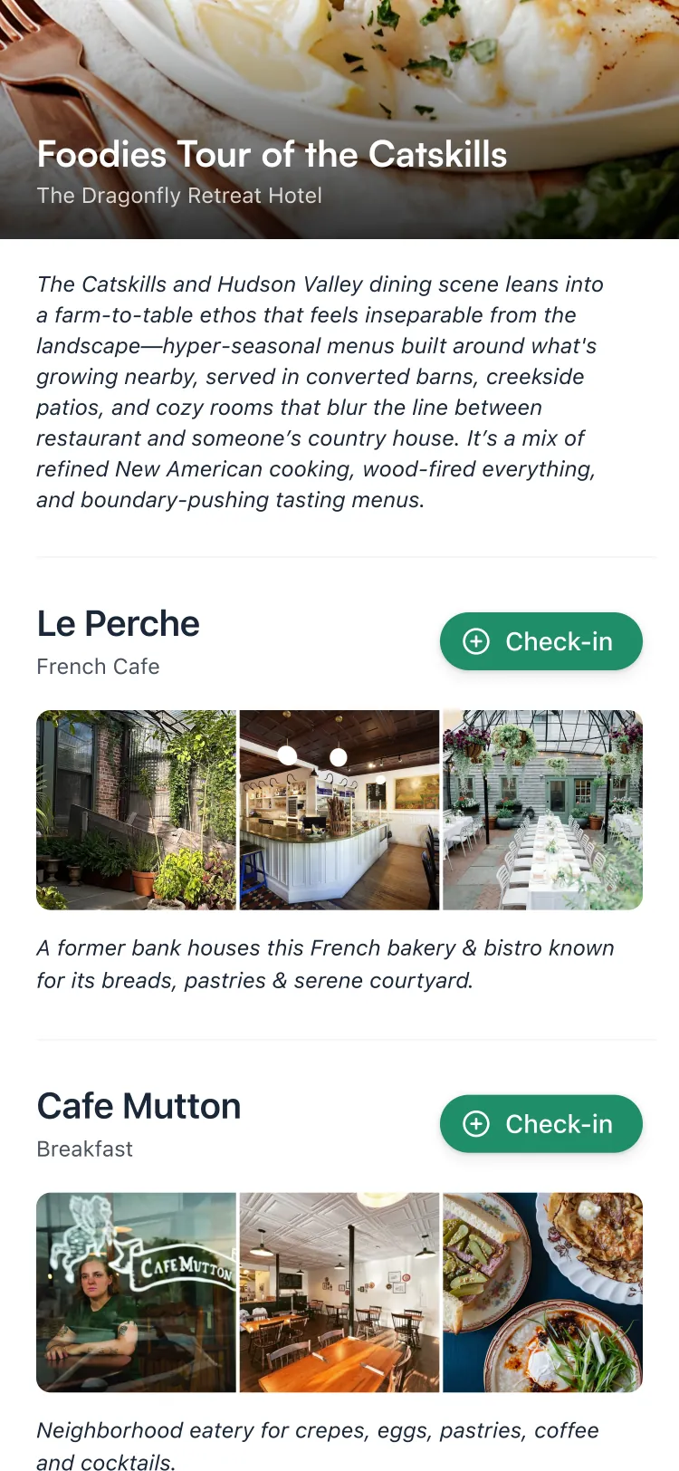 Overlook guest guide on a phone, showing personalized local recommendations